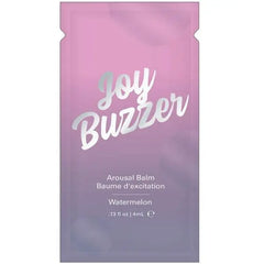 Joy Buzzer watermelon arousal balm foil packet in pink-purple gradient, 4mL single-use size