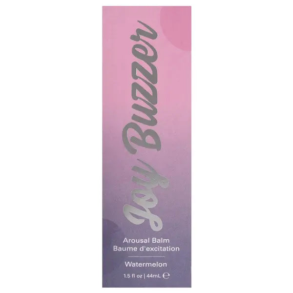 Joy Buzzer Watermelon Arousal Balm outer box, front-facing view of pink-purple gradient packaging