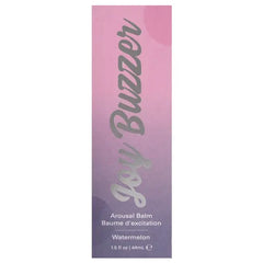 Joy Buzzer Watermelon Arousal Balm outer box, front-facing view of pink-purple gradient packaging