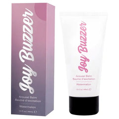Joy Buzzer Watermelon Arousal Balm tube beside its gradient retail box, showing front label detail