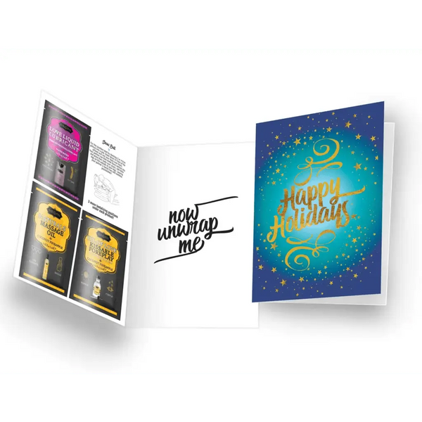 Kama Sutra Naughty Notes Happy Holidays card open showing sample product inserts inside