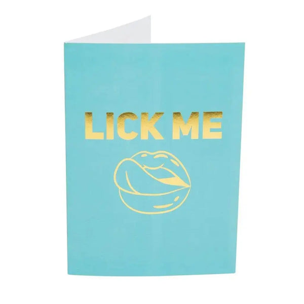 Kama Sutra Naughty Notes Lick Me greeting card in teal with gold foil text and lips