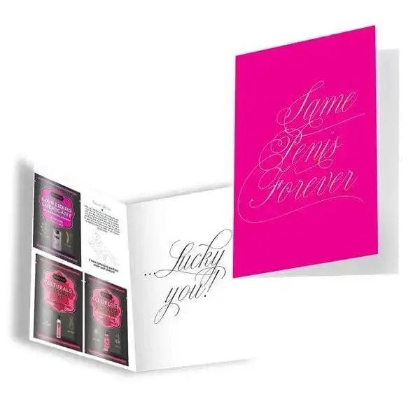 Kama Sutra Same Penis Forever naughty note card shown open, revealing product catalogue insert inside