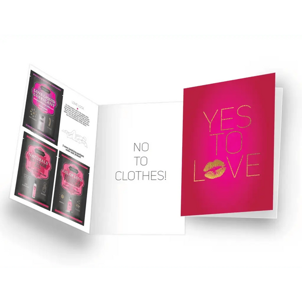 Kama Sutra Naughty Notes greeting card open showing lubricant samples and bold pink cover