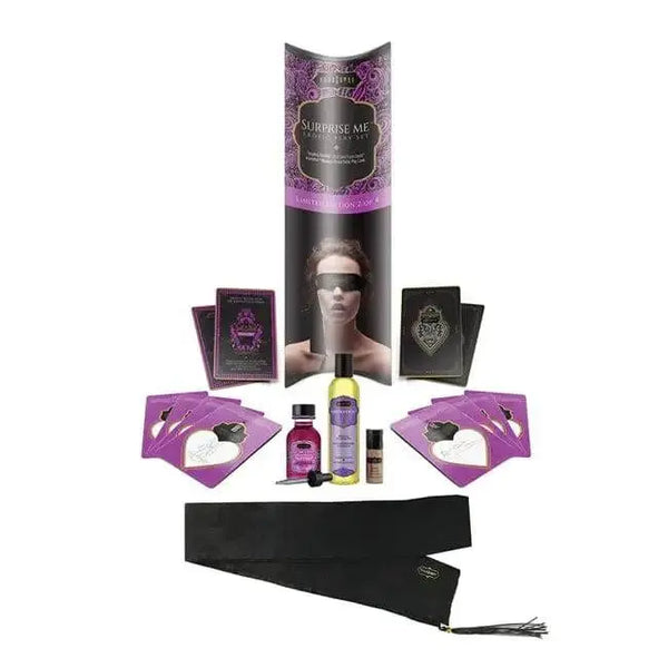 Kama Sutra Surprise Me Erotic Playset with blindfold, massage oil, cards, and satin tie