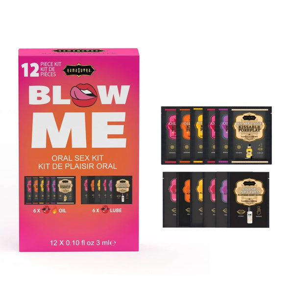 Kama Sutra Blow Me Oral Sex Kit box with 12 flavoured oil and lube sachets