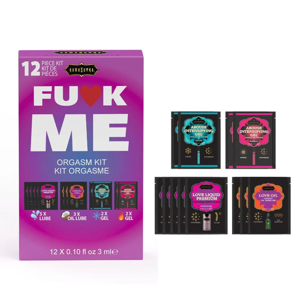 Kama Sutra FU*K ME Orgasm Kit box with 12 sample sachets of lube, oil, and gel