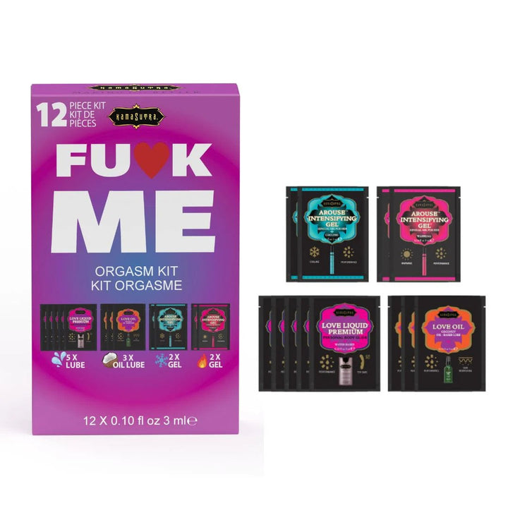 Kama Sutra FU*K ME Orgasm Kit box with 12 sample sachets of lube, oil, and gel