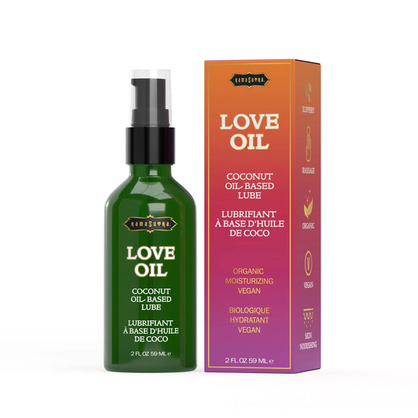 Kama Sutra Love Oil 2 fl oz green pump bottle beside gradient-printed retail box