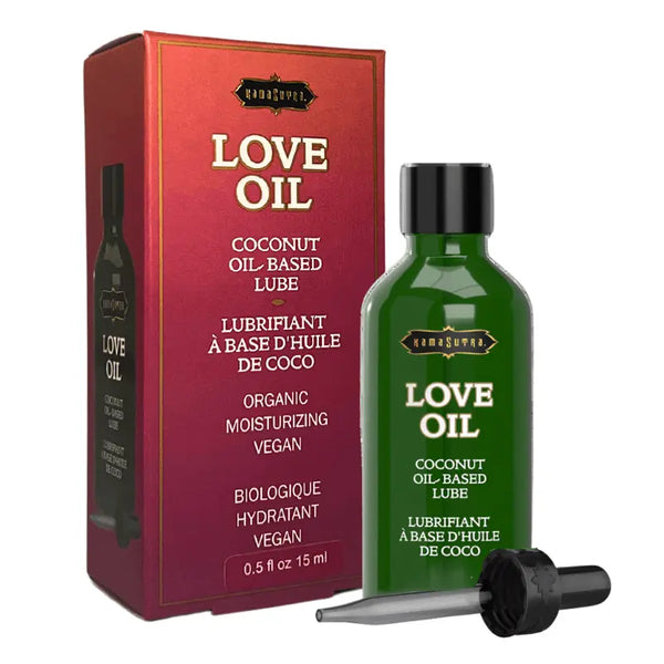 Kama Sutra Love Oil in a dark green glass dropper bottle beside its red box