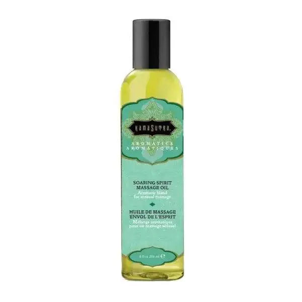 Kama Sutra Soaring Spirit Aromatics Massage Oil in a slim 8 oz clear glass bottle