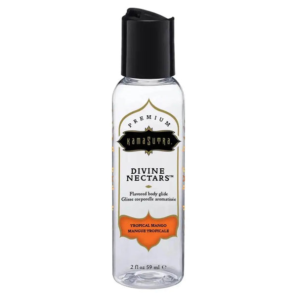 Kama Sutra Divine Nectars Tropical Mango flavored body glide in a clear 2 fl oz bottle