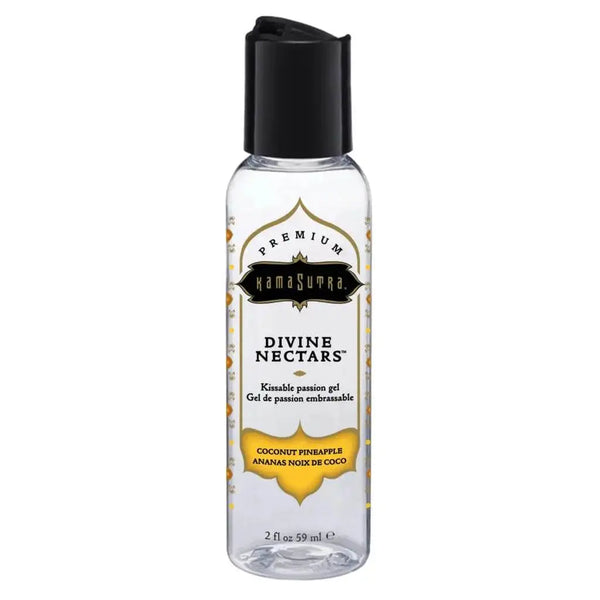 Kama Sutra Divine Nectars coconut pineapple flavored gel in a clear 2 oz bottle