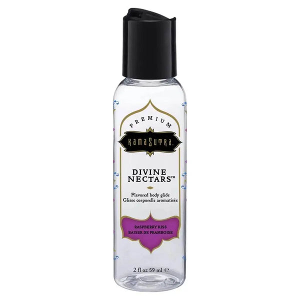 Kama Sutra Divine Nectars Raspberry Kiss flavored body glide in a 2 oz clear bottle