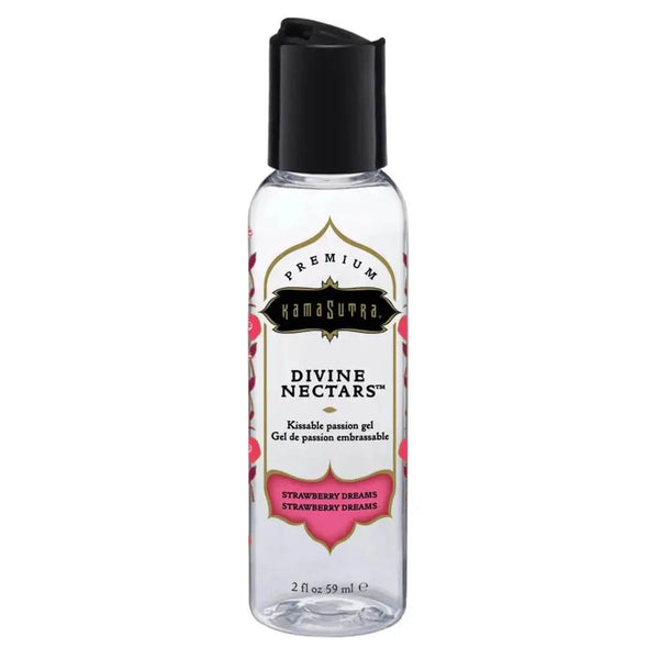 Kama Sutra Divine Nectars Strawberry Dreams flavored gel in a clear 2 oz bottle