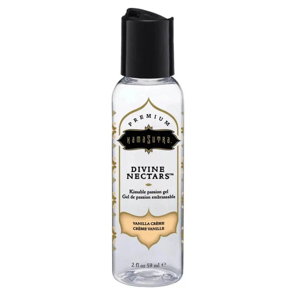 Kama Sutra Divine Nectars Vanilla Crème kissable passion gel in a 2 oz clear bottle