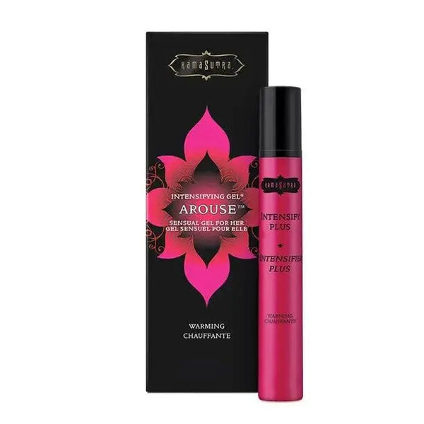 Kama Sutra Intensify Plus arousal gel in pink rollerball bottle beside black floral box