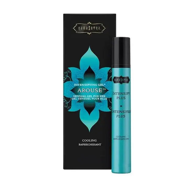 Kama Sutra Intensify Plus Arousal Gel in teal cooling formula with sleek roller-ball bottle and black box