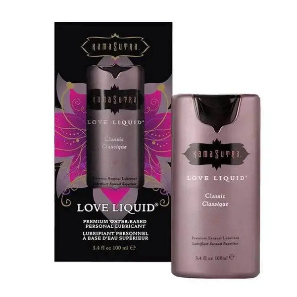 Kama Sutra Love Liquid Classic water-based lubricant, 100ml bottle beside its dark floral box