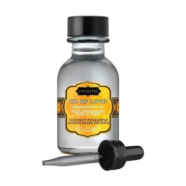 Kama Sutra Oil of Love in Coconut Pineapple, small glass bottle with dropper applicator