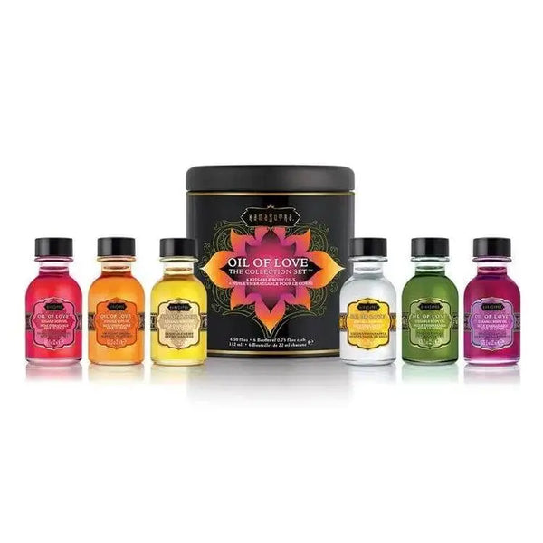 Kama Sutra Oil of Love Collection Set with 7 colorful kissable body oil bottles and tin