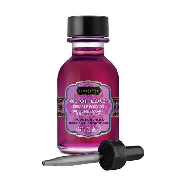Kama Sutra Oil of Love Raspberry Kiss kissable body oil, 22ml pink glass bottle with dropper