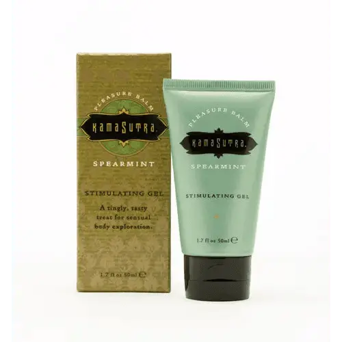 Kama Sutra Pleasure Balm Spearmint stimulating gel tube beside its olive-green box, 1.7 fl oz