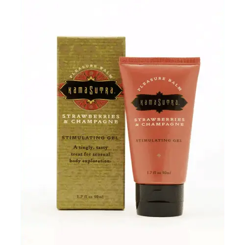 Kama Sutra Pleasure Balm Strawberries & Champagne stimulating gel tube with gold box, 1.7 fl oz