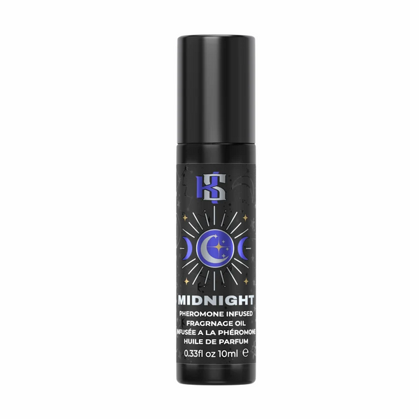 Kama Sutra Midnight pheromone roll-on oil in a sleek black 10ml bottle with celestial moon label