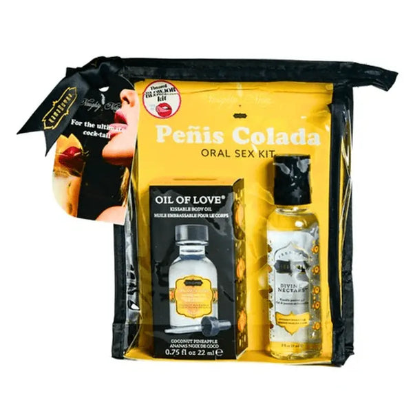 Kama Sutra Peñis Colada Oral Sex Kit in yellow zip pouch with Oil of Love and Divin Nectar bottles