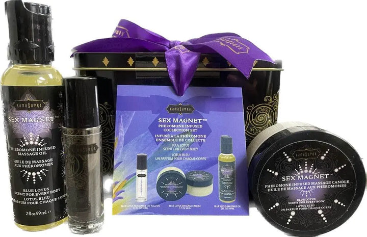 Kama Sutra Sex Magnet Blue Lotus gift set with massage oil, roller, and candle displayed outside decorative tin