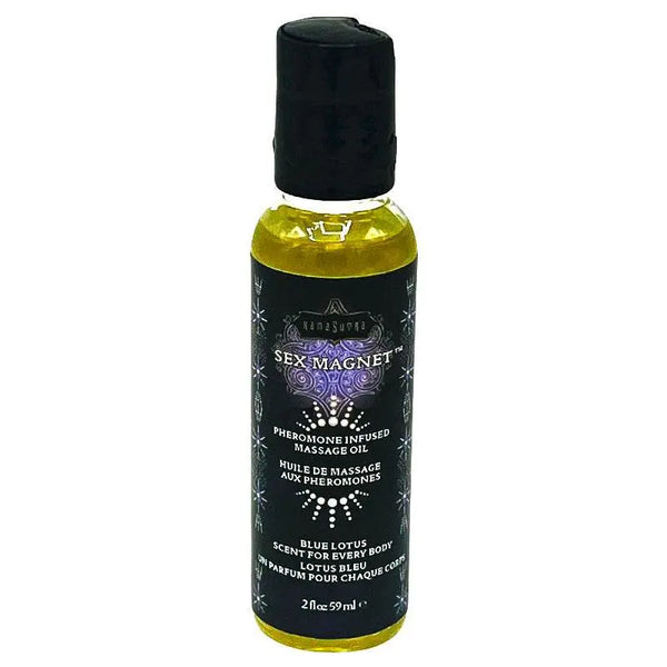 Kama Sutra Sex Magnet Blue Lotus pheromone massage oil in a 2 fl oz amber glass bottle