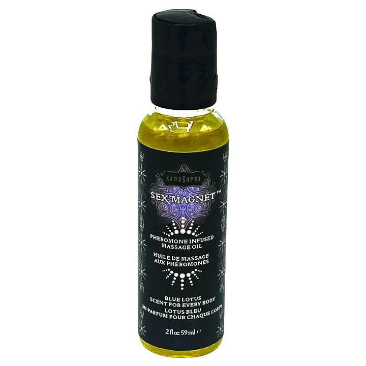 Kama Sutra Sex Magnet Blue Lotus pheromone massage oil in a 2 fl oz amber glass bottle