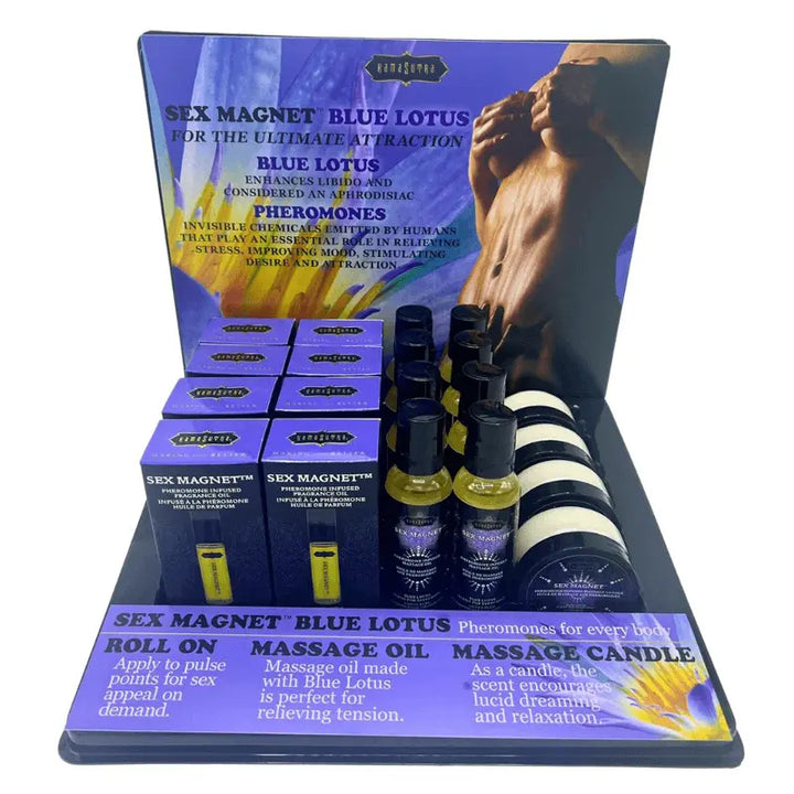 Kama Sutra Sex Magnet Blue Lotus retail display with roll-on, massage oil, and candle trio