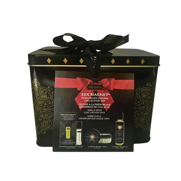Kama Sutra Sex Magnet Pheromone Gift Set in a black decorative tin with gold accents and bow