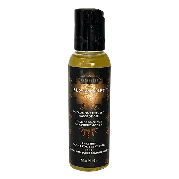 Kama Sutra Sex Magnet pheromone-infused massage oil in Leather scent, 2 fl oz bottle
