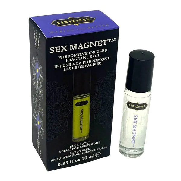 Kama Sutra Sex Magnet roll-on fragrance oil in blue lotus beside its dark box