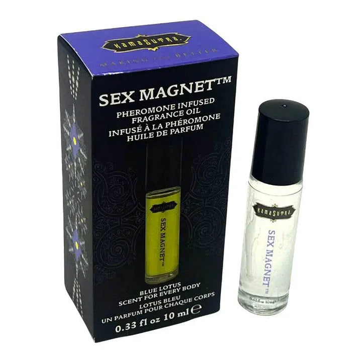 Kama Sutra Sex Magnet roll-on fragrance oil in blue lotus beside its dark box