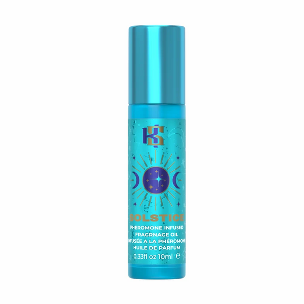 Kama Sutra Solstice pheromone-infused fragrance roll-on in teal blue bottle, 10ml