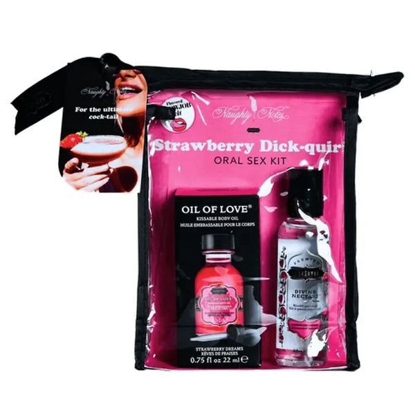 Kama Sutra Strawberry Dick-quiri Oral Sex Kit in a clear zip pouch with kissable body oil