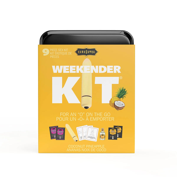 Kama Sutra Weekender Kit Coconut Pineapple yellow tin box with vibrator graphic front view