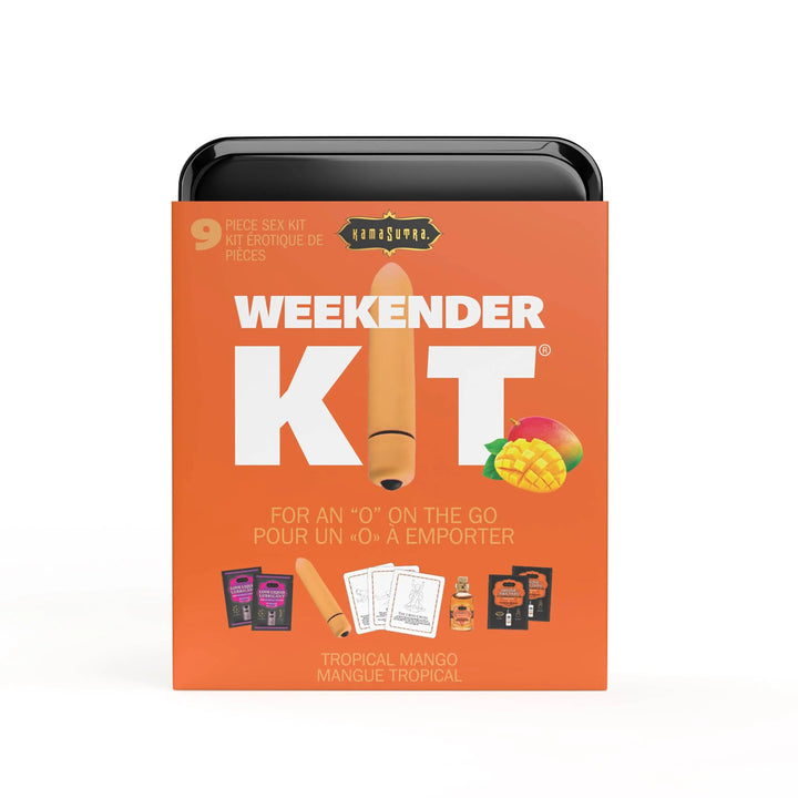 Kama Sutra Weekender Kit Tropical Mango front view, orange travel tin with bullet vibrator graphic