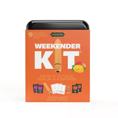 Kama Sutra Weekender Kit Tropical Mango front view, orange travel tin with bullet vibrator graphic