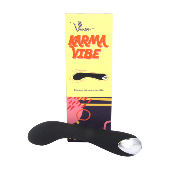 Karma Vibe by Voodoo shown beside its yellow and red retail box, designed in Los Angeles