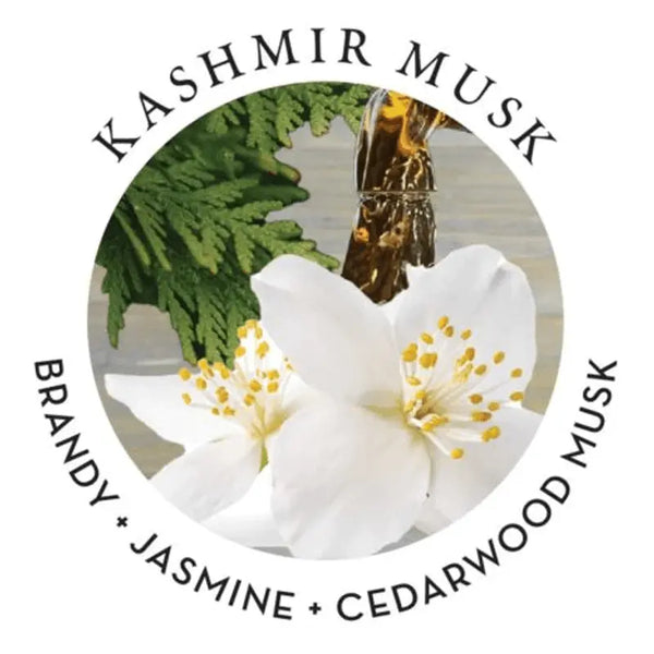 Kashmir Musk scent notes label showing brandy, jasmine, and cedarwood musk with florals
