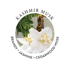 Kashmir Musk scent profile graphic showing brandy, jasmine, and cedarwood musk notes