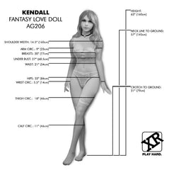 Kendall Fantasy Love Doll AG206 size chart showing 63in height and full body measurements diagram