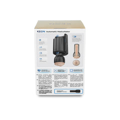 Keon Automatic Masturbator box back panel showing specs, stroke length, and included Fleshlight sleeve