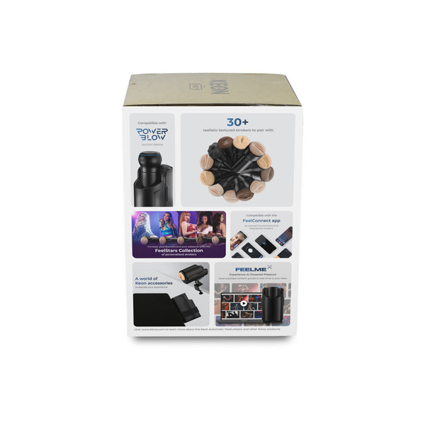 Keon box side panel showing 30+ compatible sleeves, FeelStars, FeelConnect app, and FEELME fitness features