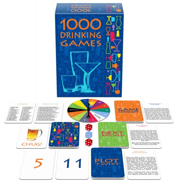 Kheper Games 1000 Drinking Games box with cards, spinner wheel, and dice displayed
